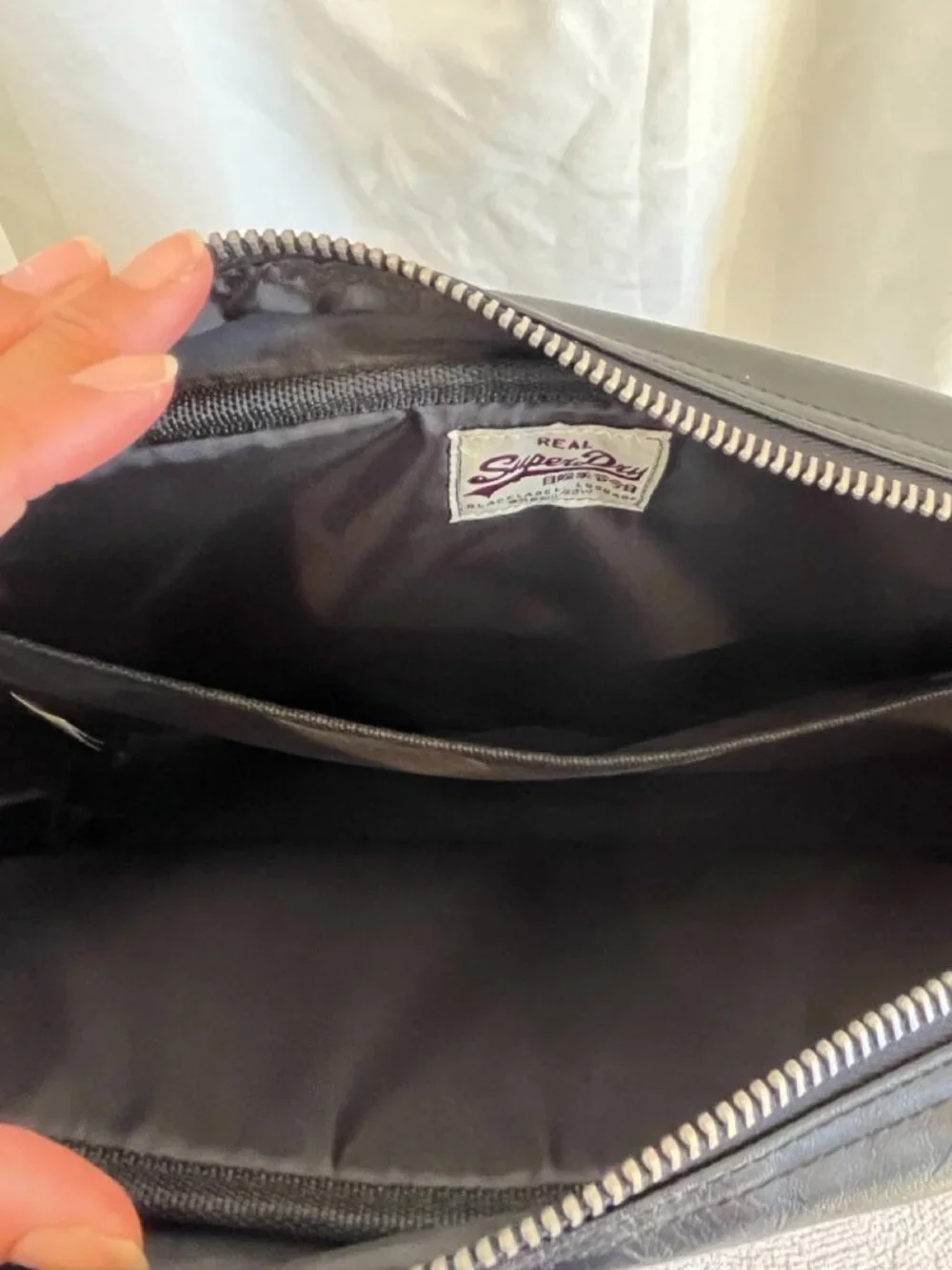 Superdry Embossed Logo Black Faux Leather Messenger Crossbody Bag